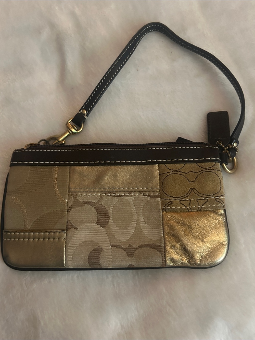 Coach Patchwork Signature Wristlet in Gold and Brown